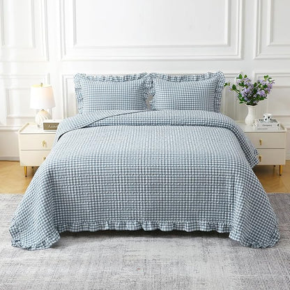 Dust Blue White Ruffle Gingham Quilt Set Queen Size with 2 Pillow Shams, 100% Washed Cotton Yarn-Dyed Quited Bedspread Farmhouse Bedding Set (Dust Blue, Queen) | Ruffle quilt, Gingham quilt, 100% washed cotton