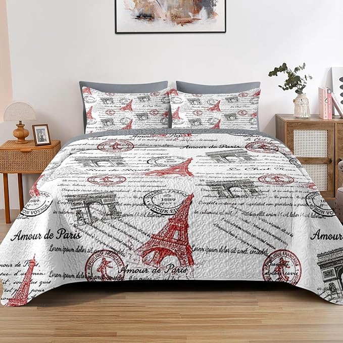 Quilt Set Full/Queen Size, Paris Vintage Eiffel Tower 3 Pcs Soft Bed Cover Bedding Set for Kids and Adults, France Old Iron Lightweight Bedspread Coverlet with Pillow Sham for All Season