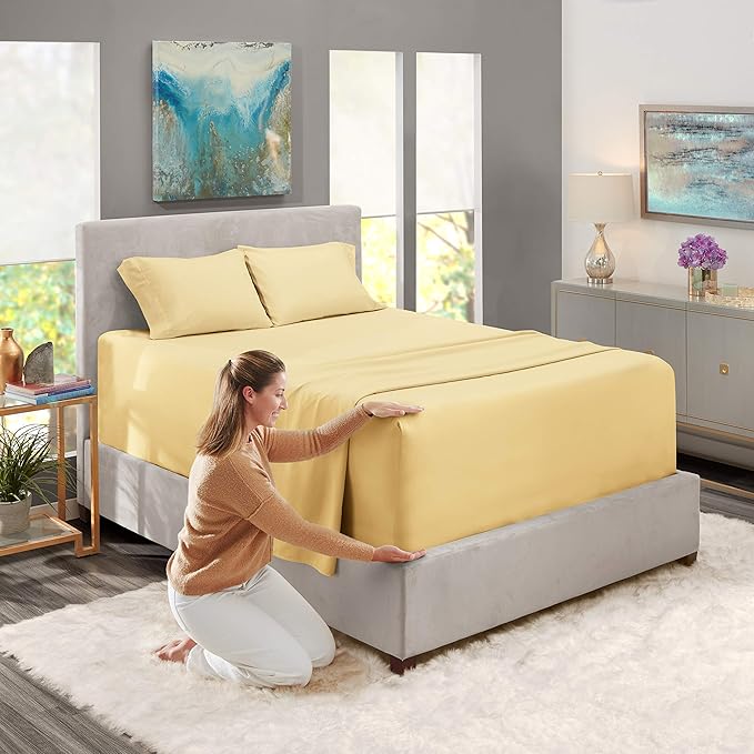 Nestl Full Size Sheet Set, 4 Piece Extra Deep Pocket (18-24 inches), Microfiber, Hotel Luxury, Soft, Breathable, Wrinkle-Free, Easy to Care, Vanilla Yellow