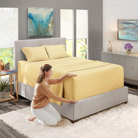 Nestl Queen Size Sheet Set, 4 Piece Extra Deep Pocket (18-24 inches), Microfiber, Hotel Luxury, Soft, Breathable, Wrinkle-Free, Easy to Care, Vanilla Yellow
