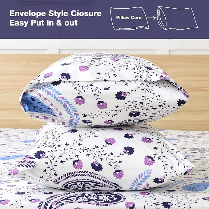 JSD 6 Piece Purple Paisley Sheet Set Queen Size, Soft Printed Microfiber Sheets with 4 Pillowcases Deep Pocket
