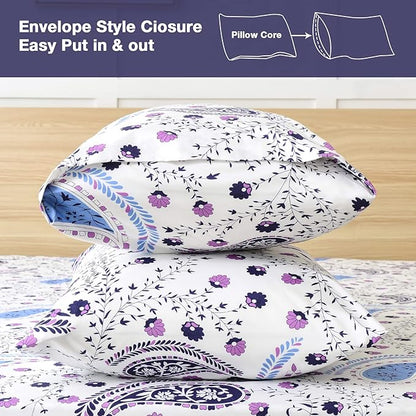 JSD 6 Piece Purple Paisley Sheet Set Queen Size, Soft Printed Microfiber Sheets with 4 Pillowcases Deep Pocket