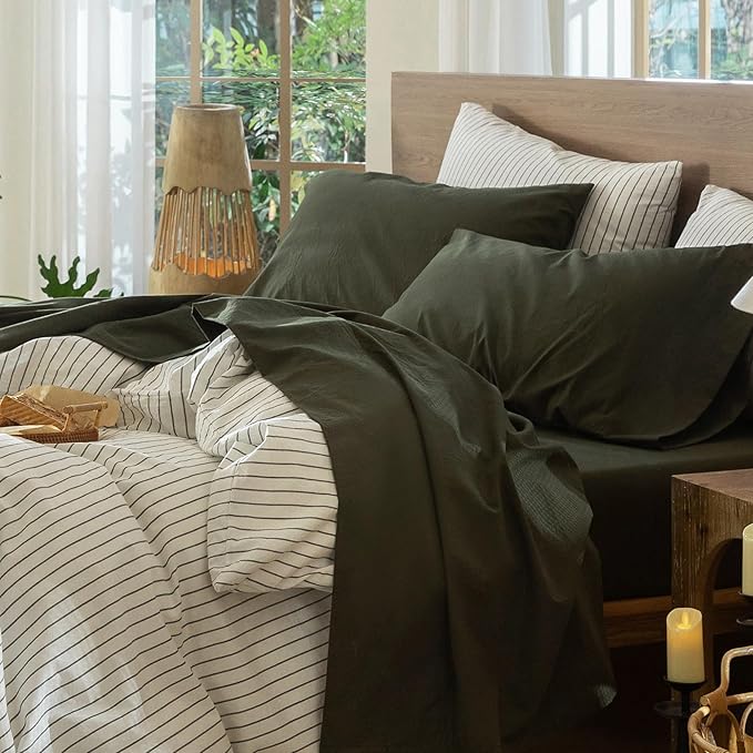 MooMee Bedding Sheet Set 100% Washed Cotton Linen Like Textured Breathable Durable Soft Comfy (Solid Olive Green, Full)