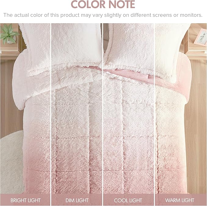 Intelligent Design Brielle, Long Shaggy Faux Fur Comforter Set, Plush Reverse, Trendy Ombre Design, Modern, Cozy All Season Bedding, Matching Sham, Full/Queen(90"x90") Blush 3 Piece