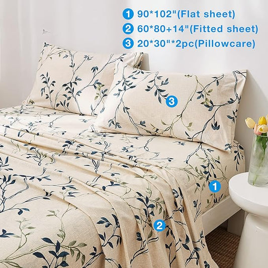 JSD Beige Leaves Printed Sheet Set Queen Size, 4 Piece Botanical Pattern Microfiber Sheets Extra Deep Pocket