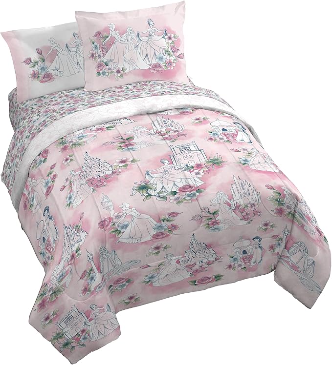 Jay Franco Kids Comforter Set Includes Sheets and Pillow Covers - Soft and Cozy Bed Set for Stylish Room Decor, Pink - Disney Princess, 7 Piece Queen Bedding