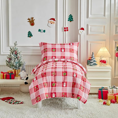 Christmas Toddler Bedding Set for Boys Girls Red White Plaid Colorful Holiday 4PC Toddler Bed Set - Cute Toddler White Bed in a Bag with Snowman Socks GIF Box