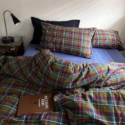 mixinni Vintage Multicolor Gingham Comforter Set Twin XL Size - 100% Washed Cotton 3-Piece Retro Plaid Pattern Bedding Set (1 Comforter + 2 Pillowcases), All-Season Lightweight & Breathable