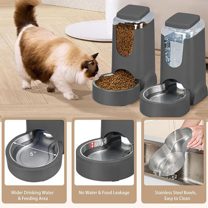 2 Pack Automatic Cat Feeder and Gravity Stainless Steel Water Dispenser, Dog Food Feeder and Waterer Set for Small Medium Puppy Kitten Pets (1 Gallon x 2, Gray)