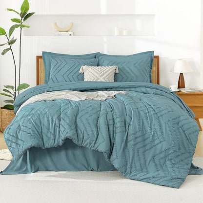 Litanika Oversized King Size Comforter Set with Sheets Grayish Teal - 7 Pieces Bed in a Bag Oversized King Boho Tufted Complete Bedding Sets with Comforter, Sheets, Pillowcases & Shams
