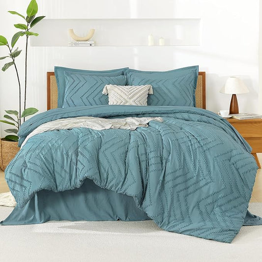 Litanika Grayish Teal Full Size Comforter Set with Sheets - 7 Pieces Bed in a Bag Full Boho Tufted Complete Bedding Sets with Comforter, Sheets, Pillowcases & Shams