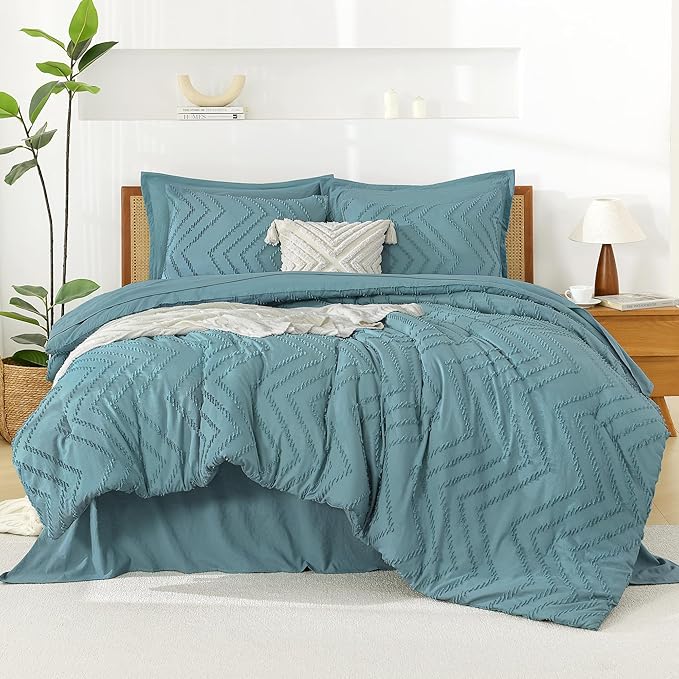 Litanika Super King Plus Size Comforter Set with Sheets Grayish Teal - 7 Pieces Bed in a Bag Oversized King Boho Tufted Complete Bedding Sets with Comforter, Sheets, Pillowcases & Shams