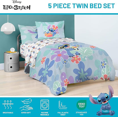Jay Franco Disney Lilo and Stitch Twin Size Comforter Set - 5 Piece Bedding Includes Sheet Set & Pillow Covers - Super Soft Tropical Bedding