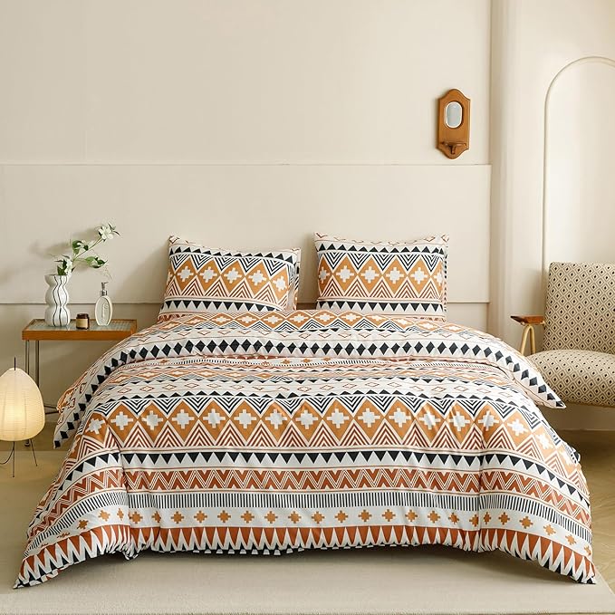 KAREVER Boho Comforter Cal King Aztec Bedding Set Southwest Theme 3 PCs Bohemian Comforter Set Pumpkin White California King Size Comforter (104x96 Inches) with 2 Pillowcases (26x36 inches)