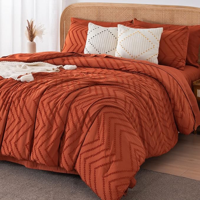 Litanika Queen Comforter Set with Sheets Burnt Orange - 7 Pieces Bed in a Bag Queen Boho Complete Bedding Sets Terracotta Rust Lightweight Bed Set with Comforter, Sheets, Pillowcases & Shams