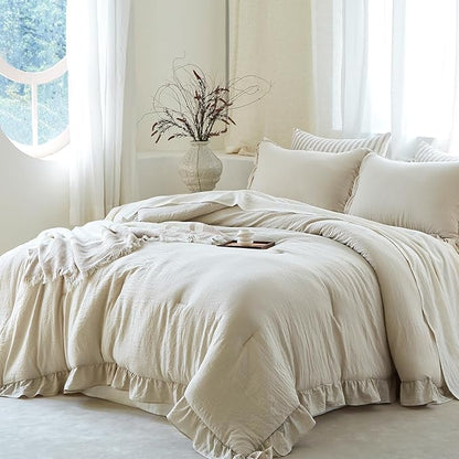 Beige Ruffle Comforter Set Twin, Pre-Washed Shabby Chic Bedding Set, Lightweight Cottagecore Soft Romantic Cozy 1 Comforter & 1 Sham, All-Season