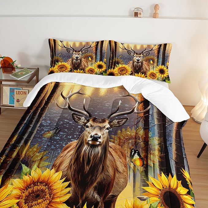 Deer Bedding Sets for Kids Boys Girls Room Decor,Hunting Themed Forest Sunflower Bedding Comforter Sets,Western Comforter Sets Woodland Camo Queen Bedding Set with 2 Pillowcases.
