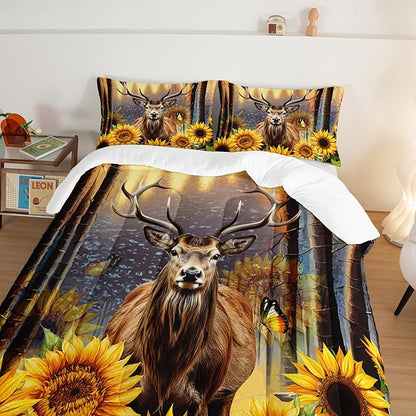 Deer Bedding Sets for Kids Boys Girls Room Decor,Hunting Themed Forest Sunflower Bedding Comforter Sets,Western Comforter Sets Woodland Camo Queen Bedding Set with 2 Pillowcases.