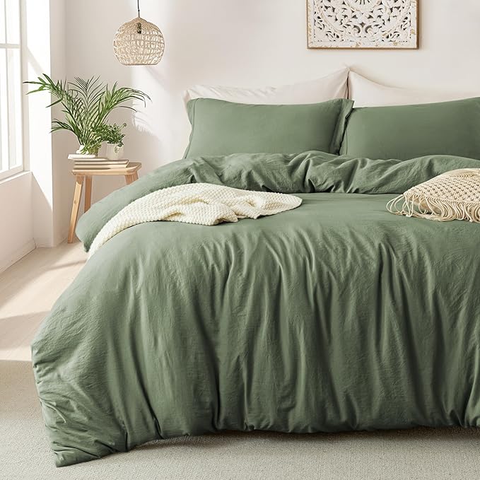MILDLY Super Soft Duvet Cover 2pcs - 100% Washed Microfiber Olive Green Comforter Cover Set with Zipper Closure & Corner Ties (No Comforter)