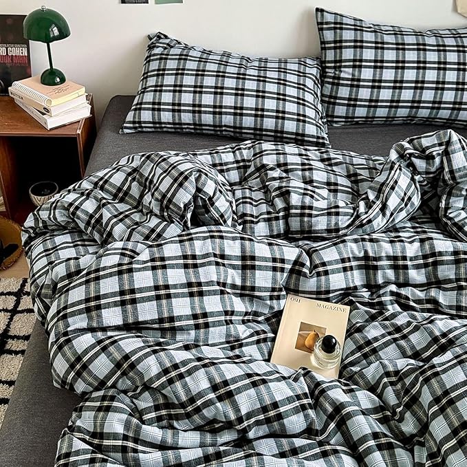 LifeTB Grey White Buffalo Plaid Duvet Cover Set Queen 100% Washed Cotton Vintage Plaid Grid Bedding Set 3 Piece Checkered Comforter Cover Soft Breathable Gingham Duvet Cover with Zipper Ties