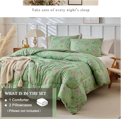 VM VOUGEMARKET Girls Green Floral Full Comforter Set Boho Soft Microfiber Bedding Comforter Set 1 Green Flower Comforter and 2 Pillowcases Chic Vintage Garden Botanical Comforter Set 80"x90"