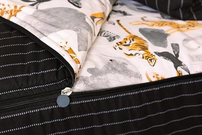 Beddy's Jungle Animal Themed Durable Zipper Bedding for Kids, Bed in a Bag, Black Striped Comforter & Animal Print Sheets, Includes Pillowcase and Pillow Sham, Easy to Make & Wash - Toddler