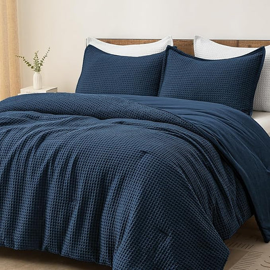 PHF Ultra Soft Waffle Weave Comforter Set Queen Size, 3 Pieces Lightweight Breathable Comfy Bedding Set, Comfy Textured 1 Comforter with 2 Pillow Shams, Navy Blue