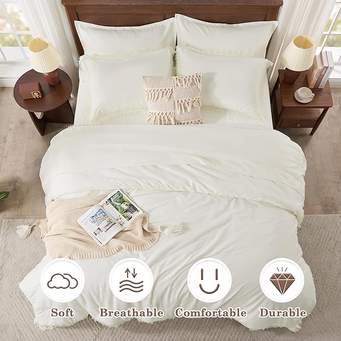 Andency Oversized King Comforter Set Ivory 120x98-7 Pieces Boho Tassel Bed in a Bag Soft Lightweight Bedding Sets, Fringe All Season Bed Set with Comforter, Sheets, Pillowcases & Shams