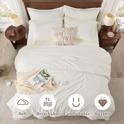 Andency Oversized King Comforter Set Ivory 120x98-7 Pieces Boho Tassel Bed in a Bag Soft Lightweight Bedding Sets, Fringe All Season Bed Set with Comforter, Sheets, Pillowcases & Shams