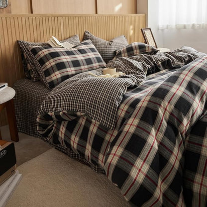 EAVD Vintage Black Gingham Comforter Set Full Soft 100% Muslin Cotton Red Green Grid Checkered Plaid Bedding Set with 2 Pillowcases Farmhouse Reversible Black Plaid Comforter Set for All-Season