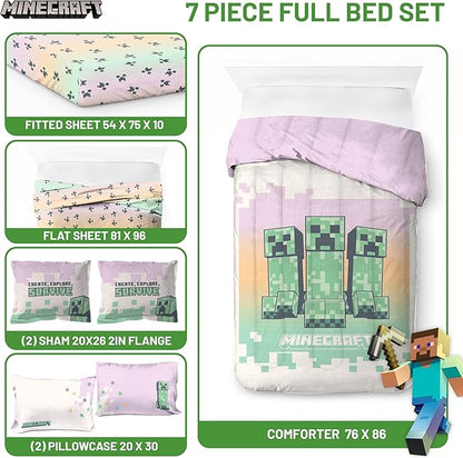 Jay Franco Minecraft Creeper Full Comforter Set - 7 Piece Bedding Includes Sheet Set & Pillow Covers - Super Soft Pink & Green Kids Bedding