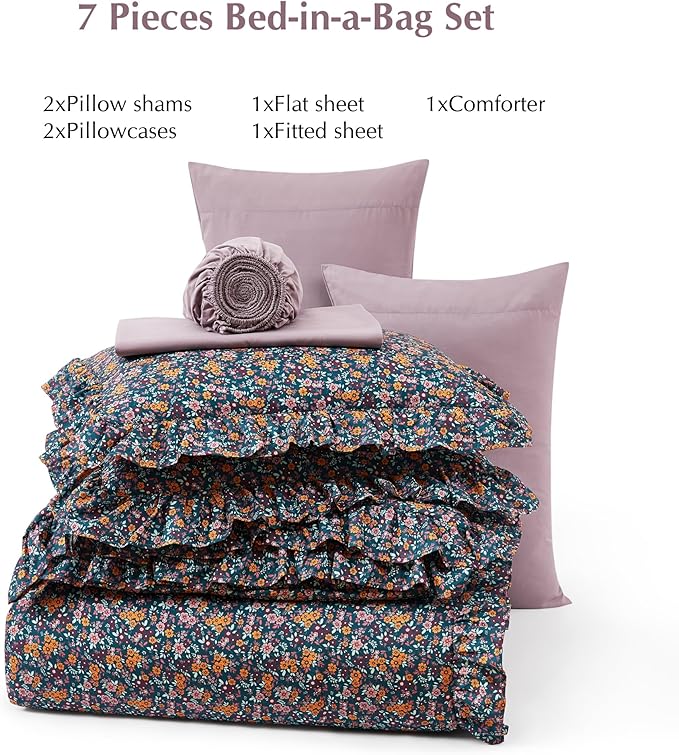 King Comforter Set - 7 Pieces Ruffle Purple Ditzy Bedding Sets, Shabby Chic Farmhouse Bed in a Bag with Ruffle Comforter, Sheets, Pillowcases & Shams