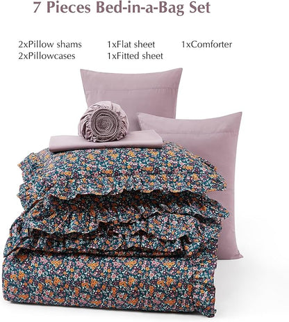 Queen Comforter Set - 7 Pieces Ruffle Purple Ditzy Bedding Sets, Shabby Chic Farmhouse Bed in a Bag with Ruffle Comforter, Sheets, Pillowcases & Shams