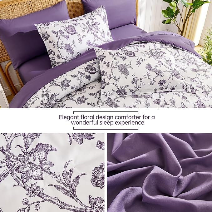 Luxudecor Floral Comforter Set Queen Size 7 Pieces, Purple Flower with Bird Bed in a Bag, Soft Reversible Comforter with Sheet Bed Set 90"x90"