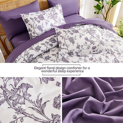Luxudecor Floral Comforter Set Queen Size 7 Pieces, Purple Flower with Bird Bed in a Bag, Soft Reversible Comforter with Sheet Bed Set 90"x90"