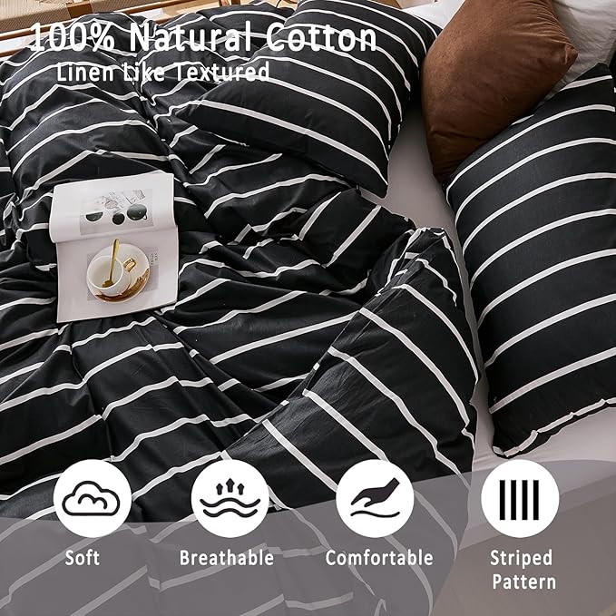 Merryword Black and White Striped Duvet Cover Set Queen Size - 100% Cotton Bedding Set 3 Pieces, Soft Breathable Comforter Cover with Pillowcases, Minimalist Chic Aesthetic Bedding Set for All Seasons