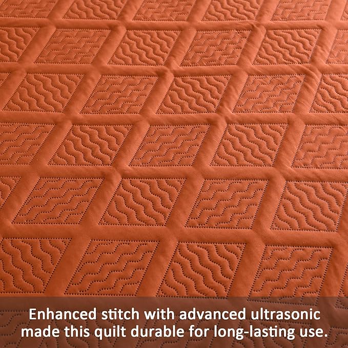 Yiran Burnt Orange Fall Quilt Set King Size Bedding Set Lightweight Bedspreads 3 Piece Soft Microfiber Terracotta Diamond Pattern Bed Coverlet for All Season with 2 Pillow Shams (106x96 Inch)