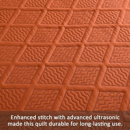 Yiran Burnt Orange Fall Quilt Set King Size Bedding Set Lightweight Bedspreads 3 Piece Soft Microfiber Terracotta Diamond Pattern Bed Coverlet for All Season with 2 Pillow Shams (106x96 Inch)