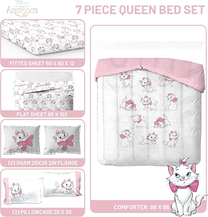 Jay Franco Kids Comforter Set Includes Sheets and Pillow Covers - Soft and Cozy Bed Set for Stylish Room Decor, White - Aristocats, 7 Piece Queen Size Bedding