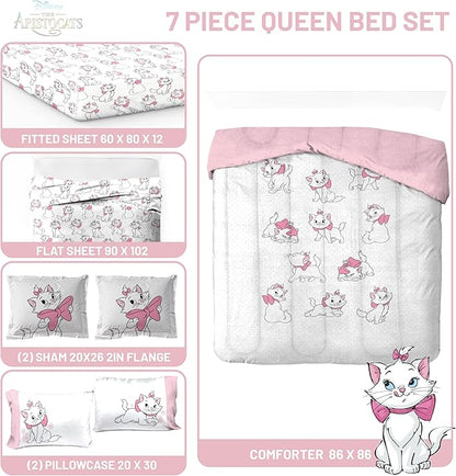 Jay Franco Kids Comforter Set Includes Sheets and Pillow Covers - Soft and Cozy Bed Set for Stylish Room Decor, White - Aristocats, 7 Piece Queen Size Bedding