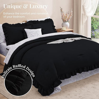 Full Comforter Set - 7 Pieces Ruffle Black Bedding Sets, Shabby Chic Farmhouse Bed in a Bag Full with Ruffle Comforter, Floral Sheets, Pillowcases & Shams