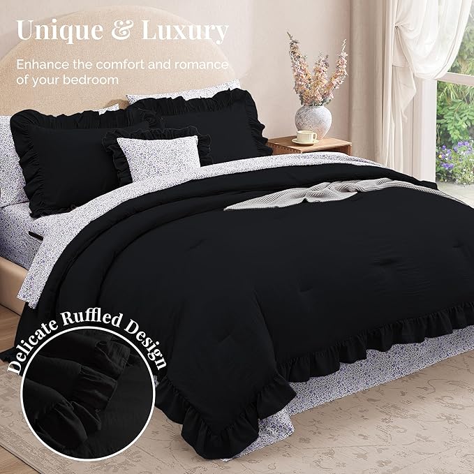 Queen Comforter Set - 7 Pieces Ruffle Black Bedding Sets, Shabby Chic Farmhouse Bed in a Bag Queen with Ruffle Comforter, Floral Sheets, Pillowcases & Shams