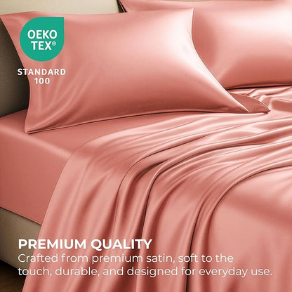 Satin Sheets Twin [3-Piece, Blush Pink] Hotel Luxury Silky Bed Sheets - Extra Soft 1800 Microfiber Sheet Set, Wrinkle, Fade, Stain Resistant - Deep Pocket Fitted Sheet, Flat Sheet, Pillow Cases