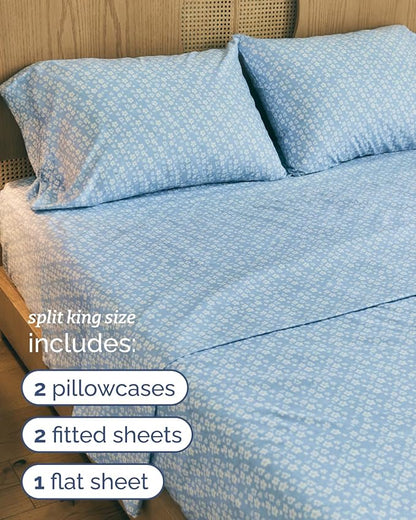 Floral Sheets - Blue Floral Bed Sheet Set - 1 Flat, 2 Fitted & 2 Pillowcases w/ Deep Pockets - Wrinkle & Fade Free - Boho Botanical Bedding - Ultra-Soft, Breathable and Cooling - Split King Size Set