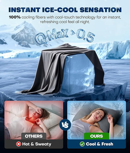 Ultra-Chill Cooling Pillowcase Set of 2 for Hot Sleepers, Softer Than Silk Pillow Cases for Protecting Hair & Skin, Breathable Bed Pillow Covers w/Zipper, Gifts for Women Men(Dark Gray, King)