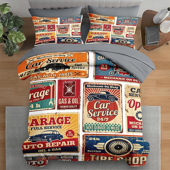 Comforter Set Queen Size, Vintage Car Auto 7 Pcs Bedding for Kids and Adults, Retro Vehicle Automotive Bed Sheet Sets with Fitted Sheet 2 Pillowcases & 2 Shams for Bedroom Bed Decor