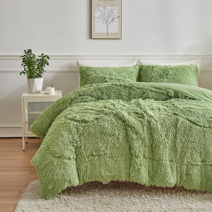 Wajade Faux Fur Plush White Comforter Set Fluffy Fuzzy Shaggy Bedding Set - 3PC Full/Queen Microfiber Soft Warm Quilt Set (Sage Green, King)