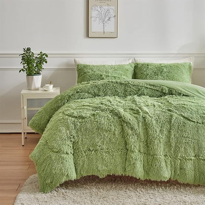 Wajade Faux Fur Plush White Comforter Set Fluffy Fuzzy Shaggy Bedding Set - 3PC Full/Queen Microfiber Soft Warm Quilt Set (Sage Green, King)