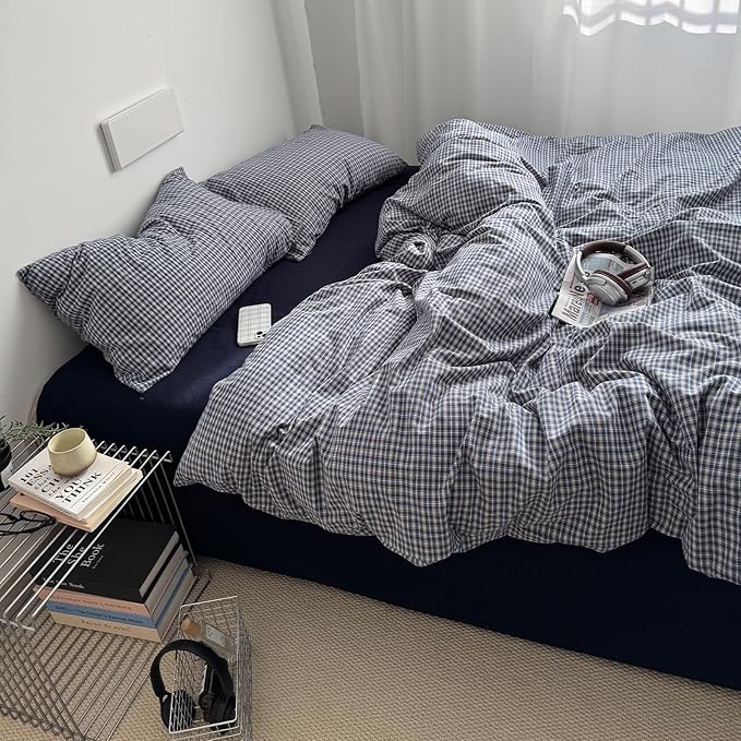 Navy Blue Gingham Duvet Cover Twin XL Washed Cotton Plaid Twin XL Comforter Cover Farmhouse Soft Breathable Checkered Duvet Cover Set with Zipper Vintage Boho Bedding Neutral Duvet Protector