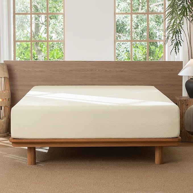 MooMee Fitted Bottom Sheet Only 100% Washed Cotton Linen Like Textured Breathable Durable Soft Comfy Deep Pocket Fits Mattress up to 17" (Cream White, King